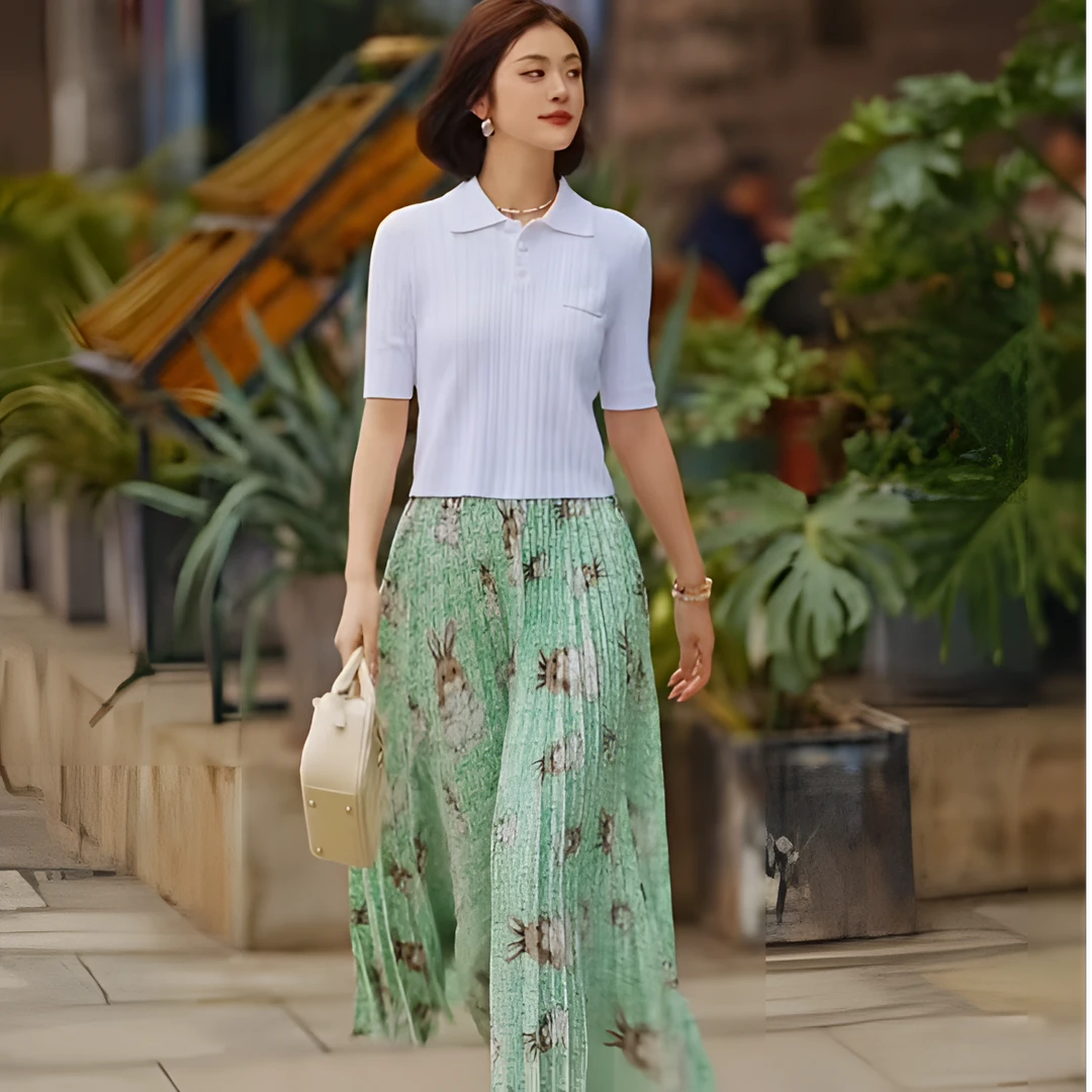 哥弟 薄荷曼波 夏季新款兔子字母印花嫩绿气质百搭半身裙1200133