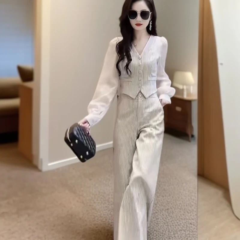 秋季高档百搭气质时尚修身显瘦V领衬衫+阔腿裤套装名媛风女两件套