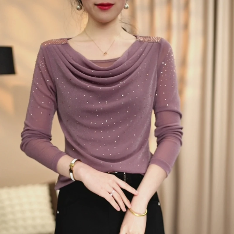 2025春款新品堆堆领烫钻洋气小衫上衣