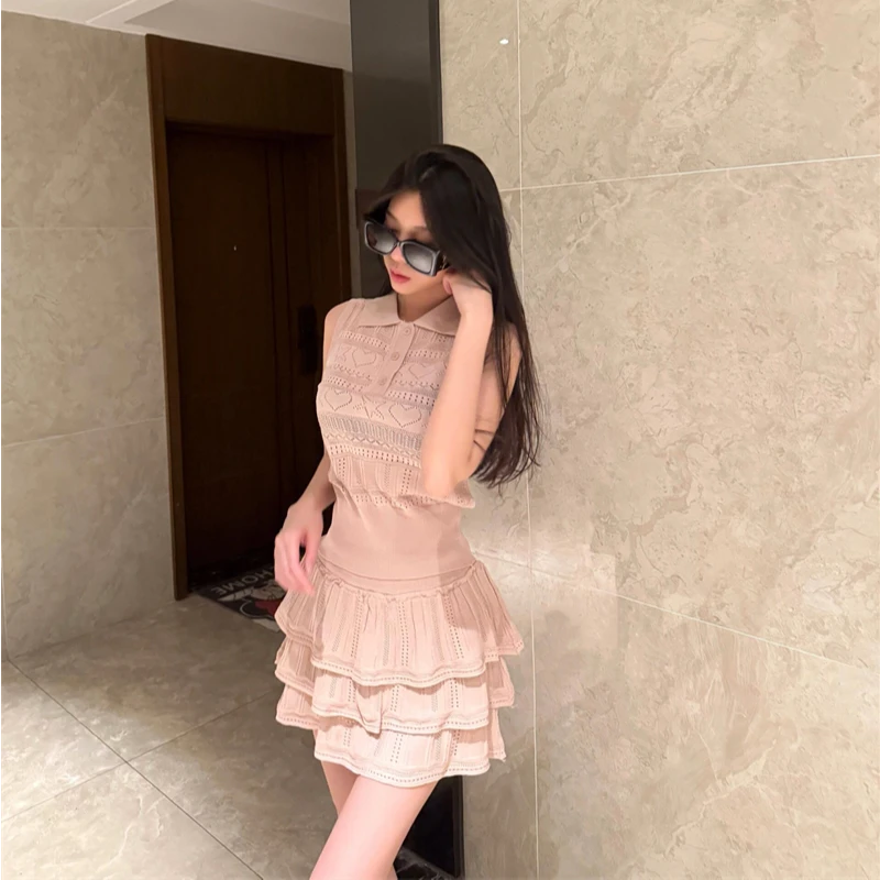 小香风气质套装女重工镂空polo领针织背心高腰层层蛋糕短裙两件套