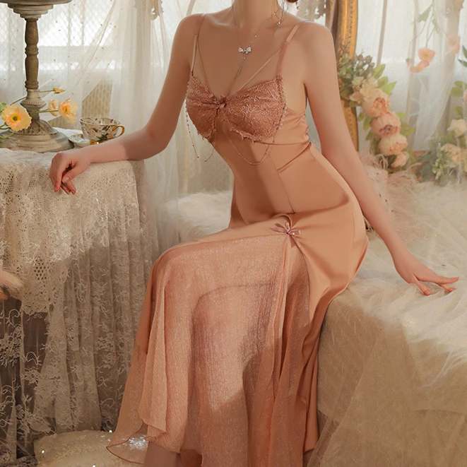 彭裳裳【桃粉冰霜】春夏时尚女士性感纯欲轻奢蕾丝气质法式睡裙夏季