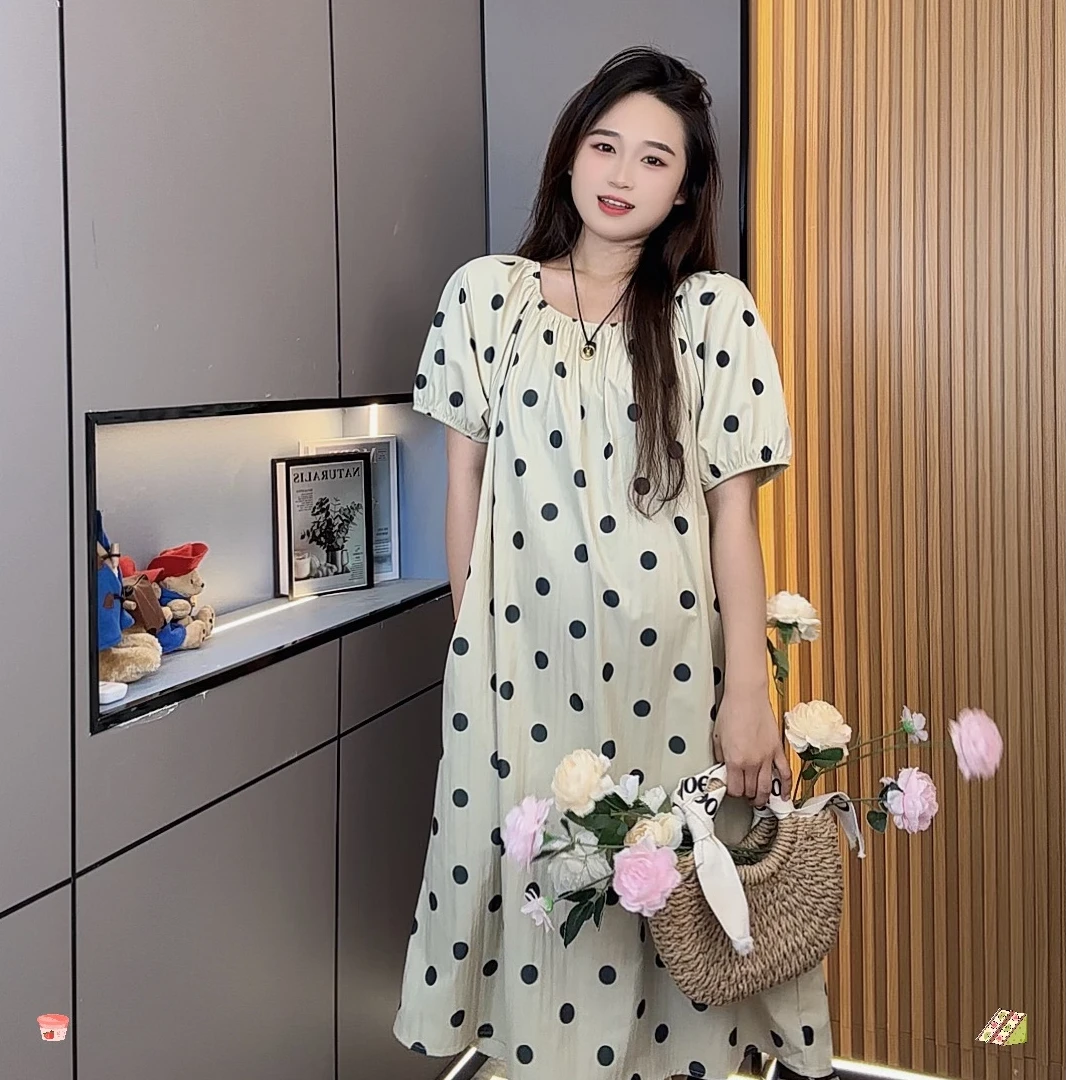 孕妇装夏季2025新款气质法式波点中长款连衣裙宽松遮肚显瘦a字裙