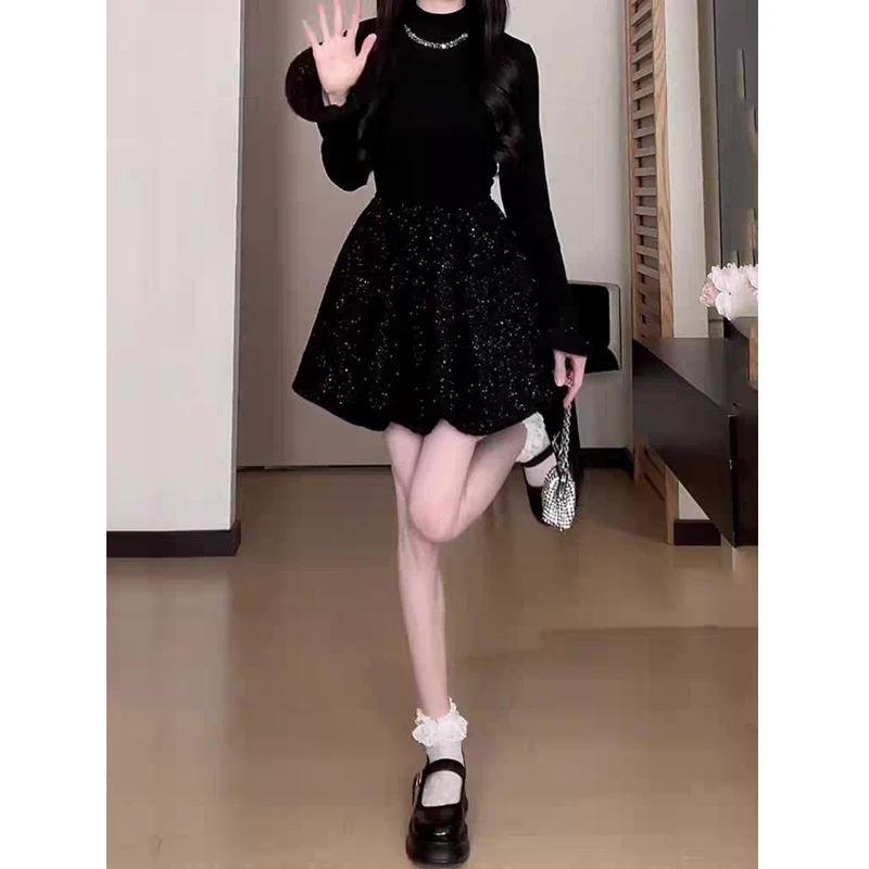 法式赫本风公主风长袖连衣裙女秋冬半高领气质收腰黑色小黑裙短裙