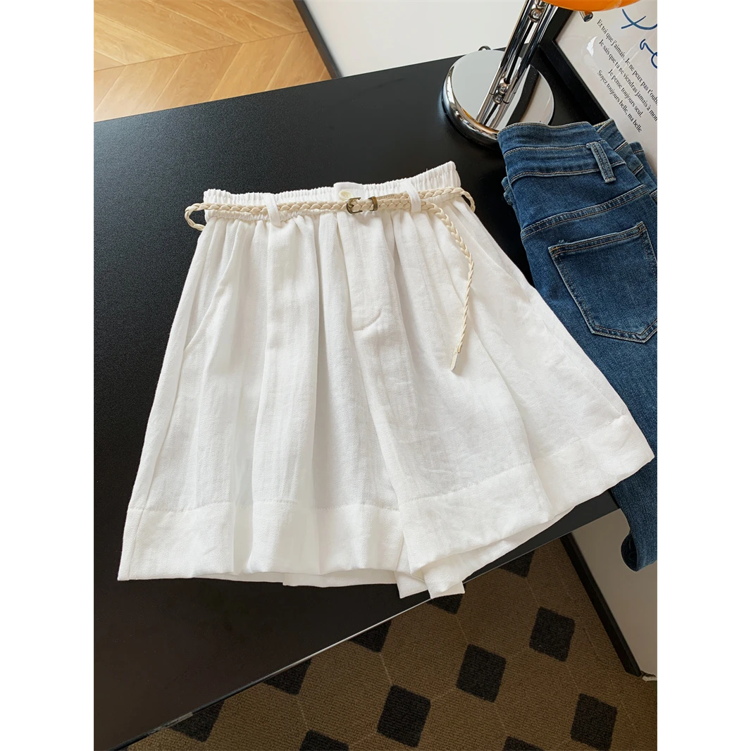 老钱风白色亚麻短裤女夏季新款宽松显瘦松紧腰a字休闲阔腿裤