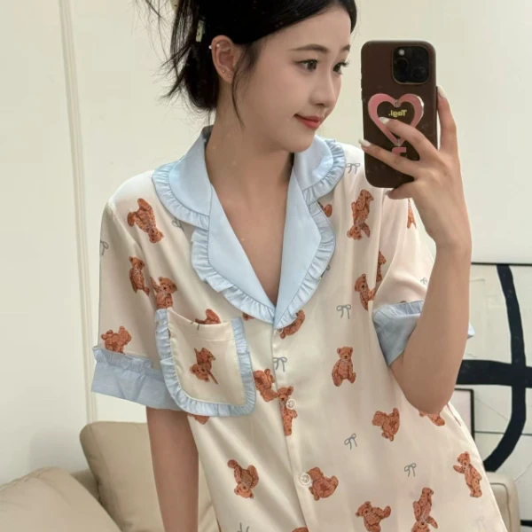 VINEEMAN【小熊软糖】睡衣女夏季ins可爱丝丝质三件套家居服套装