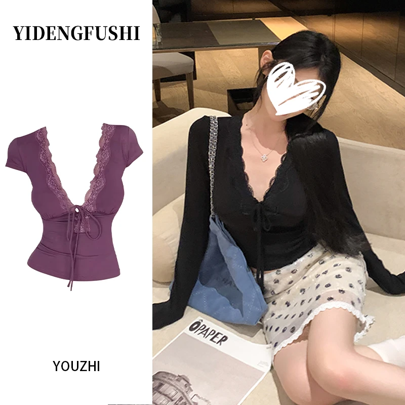 网红洋气法式设计感纯欲甜辣妹短袖别致紫色v领蕾丝拼接长袖上衣