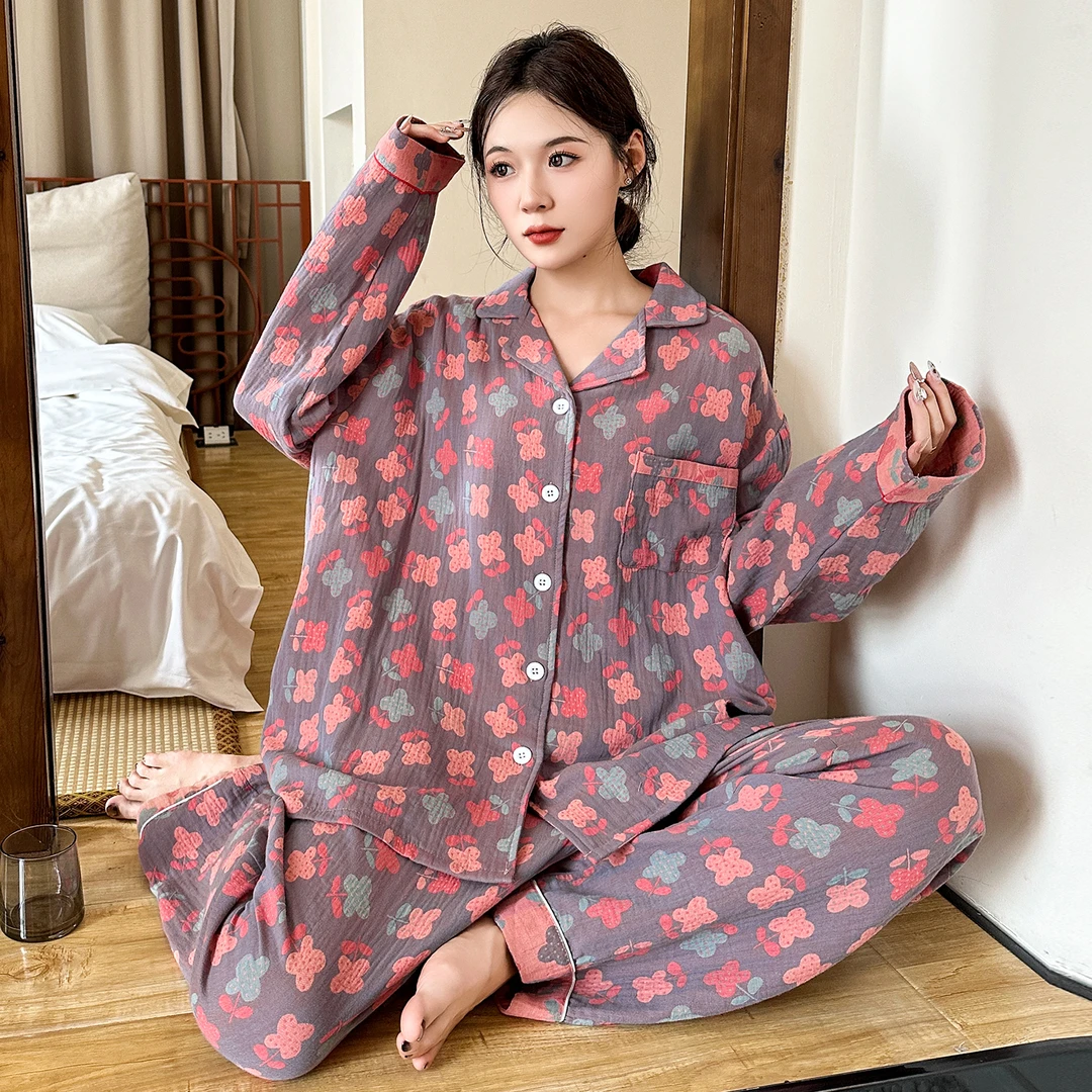 双层棉纱睡衣女大码胖mm宽松翻领开衫纯棉家居服春秋200斤可外穿