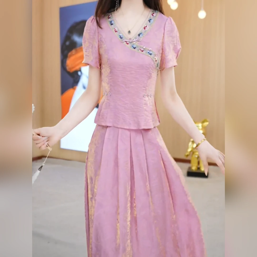 上衣+半身裙 时尚套装洋气修身显瘦气质夏季复古中国风两件套裙子