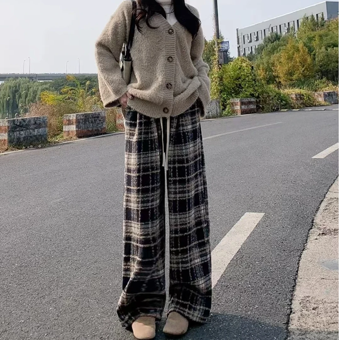 休闲裤高腰秋冬宽松百搭毛呢格子阔腿裤