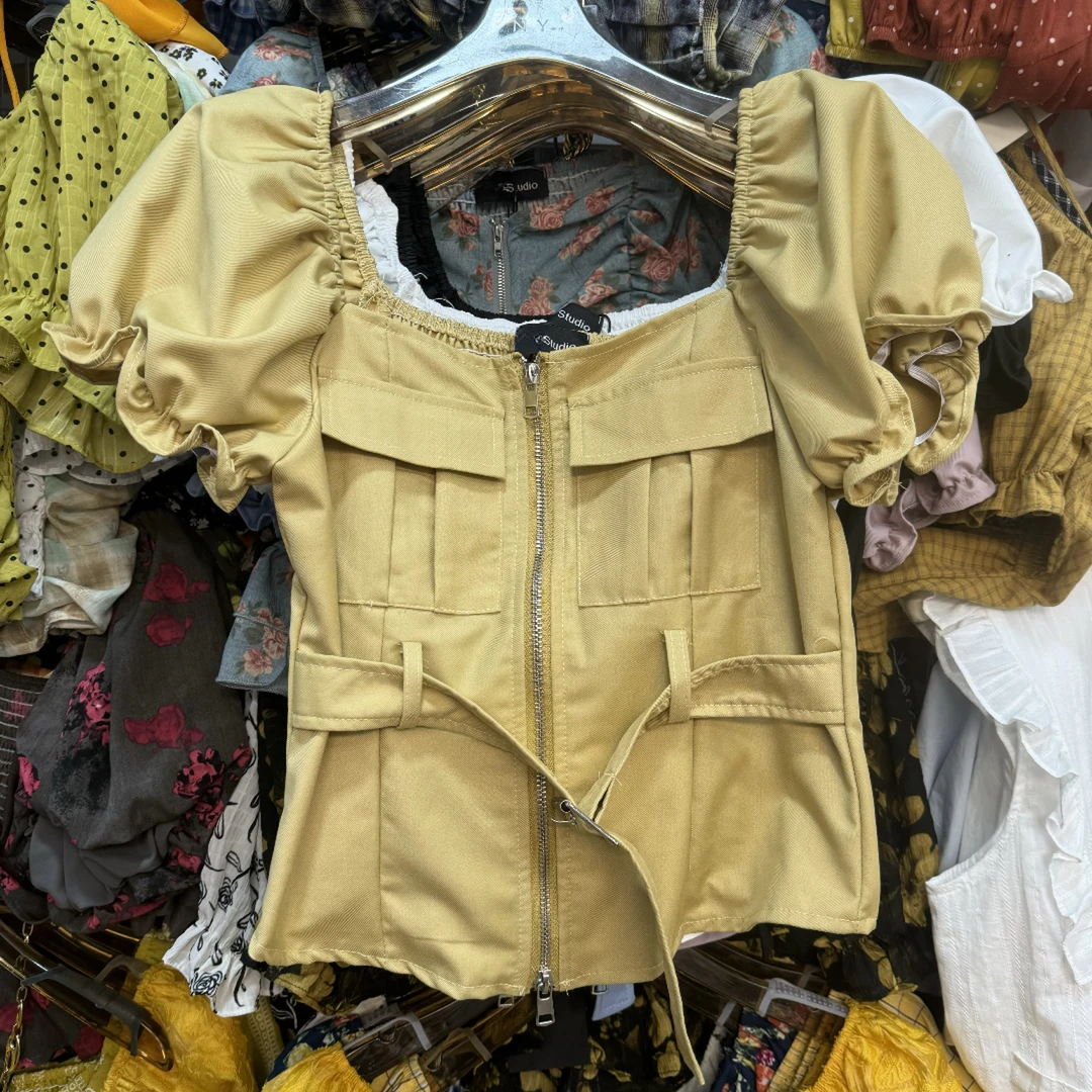 【一萍】大码女装显瘦泡泡袖短款收腰衬衫女上衣拉链短上衣12479