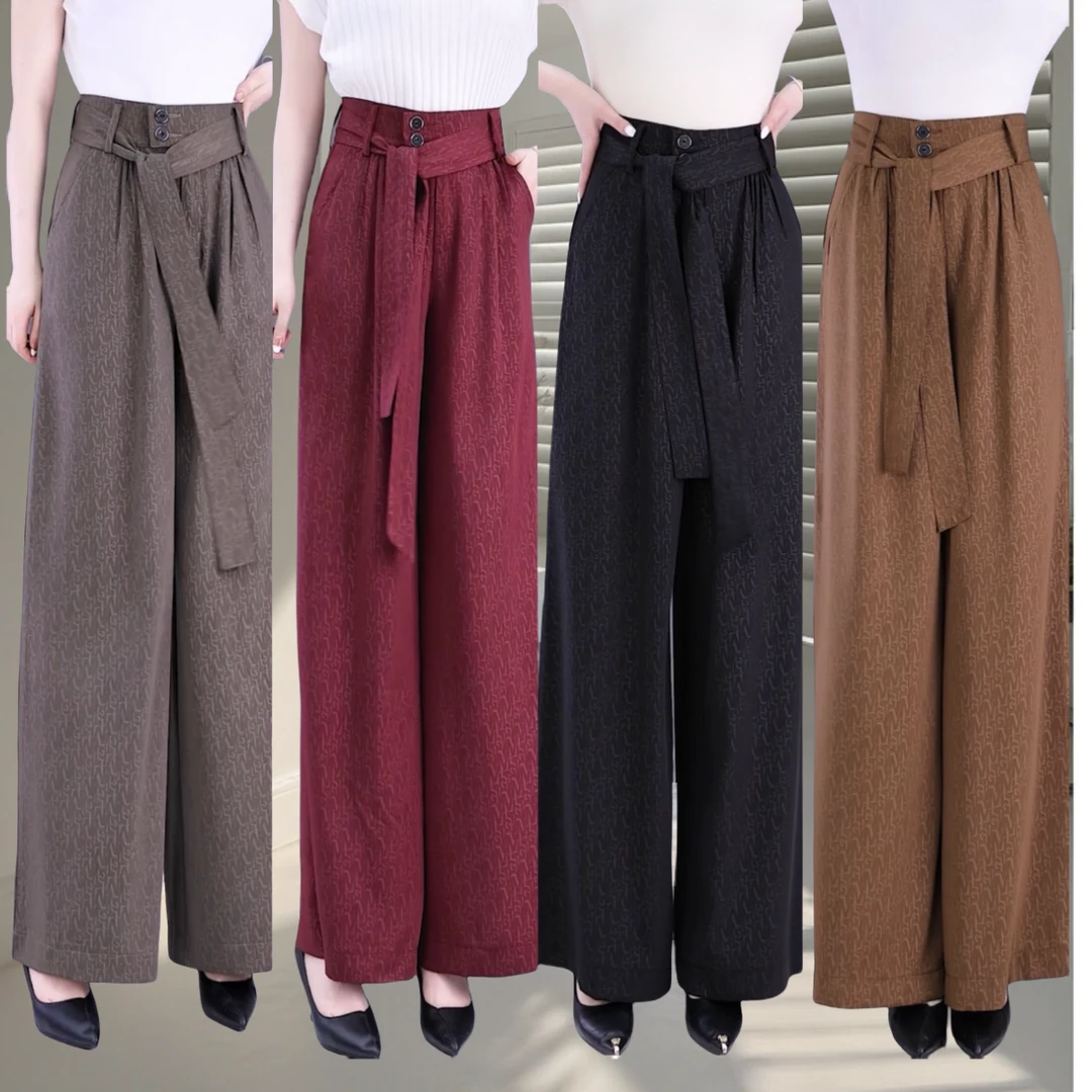 2025春夏提花休闲阔腿裤高腰显瘦垂感裤子腰系带时尚款宽裤腿甩裤