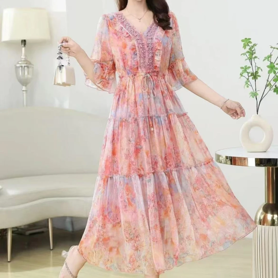 重工串珠领拼接气质名媛碎花连衣裙印花长裙西域风蛋糕裙