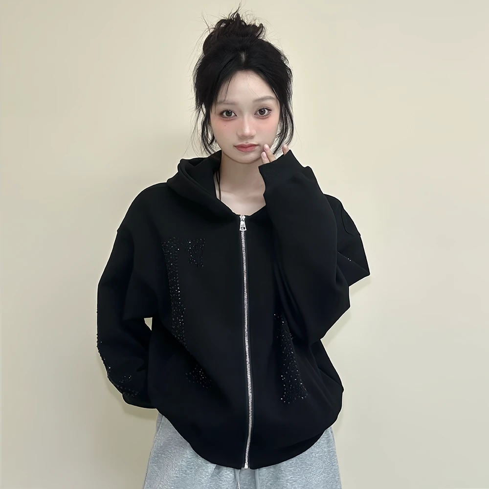 JADEQILIN美式烫钻开衫拉链卫衣男女潮流高级感痞帅短宽外套情侣