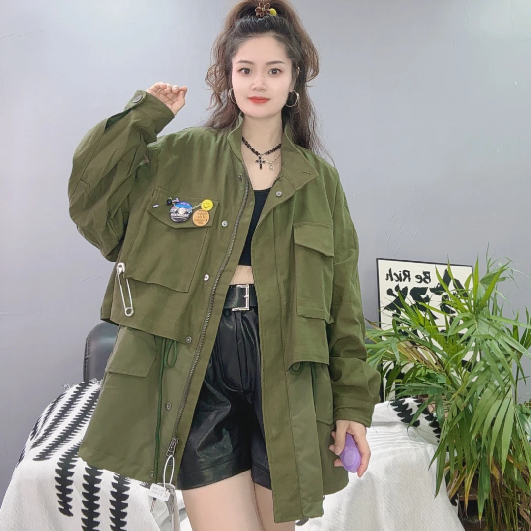 LY家680#水 秋季贴标收腰立领潮牌宽松休闲百搭风衣外套
