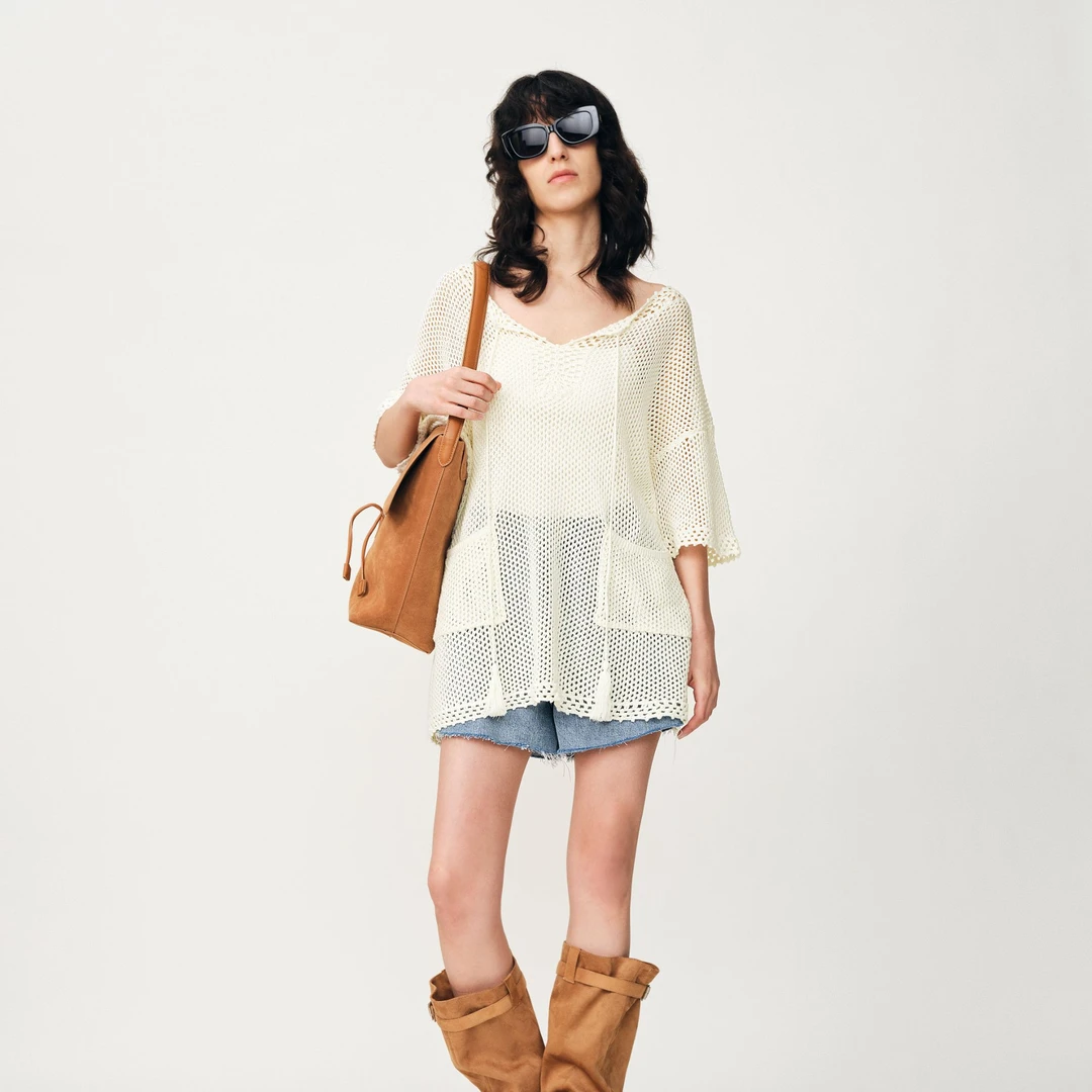 PH KARIN时髦设计感混纺镂空V领薄款针织衫女夏季新款套头罩衫