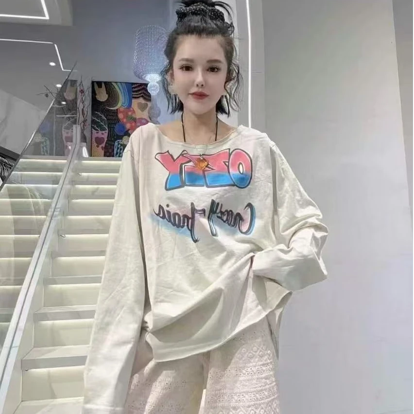 2025春夏街头风涂鸦字母印花棉宽松显水洗做旧破坏大领长袖T11959