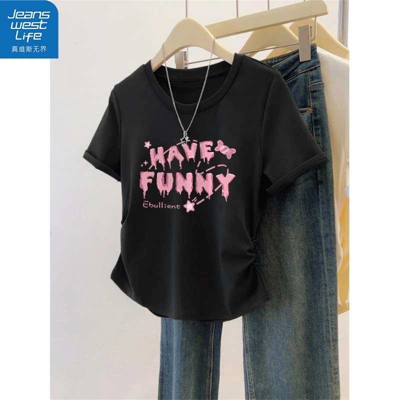 真维斯无界短款时尚紧身收腰褶皱短袖T恤设计感修身百搭女装上衣