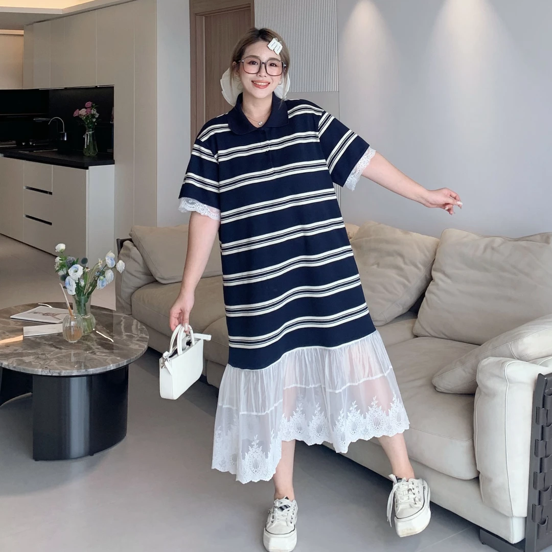 媛子大码条纹蕾丝拼接连衣裙2025新款宽松显瘦polo裙高级感女装