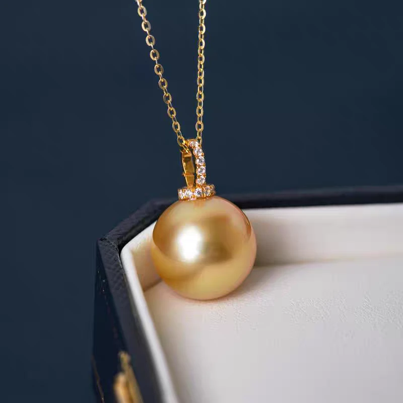 18k金浓金海水珍珠金珠吊坠12-13mm