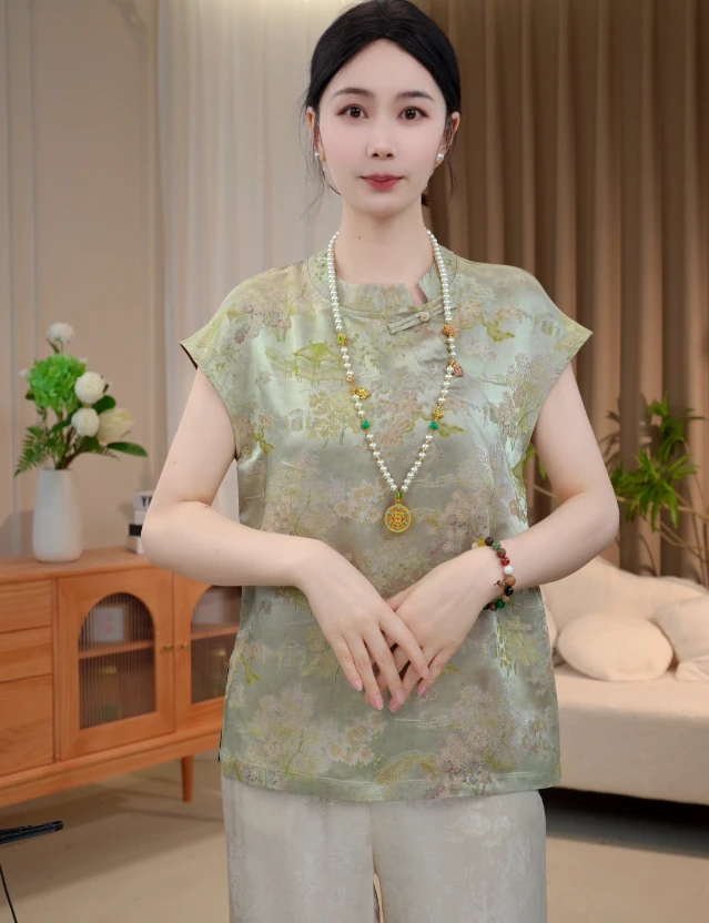 国风复古新中式百搭斜襟盘扣国风气质立领短款小衫2025B8228-七月