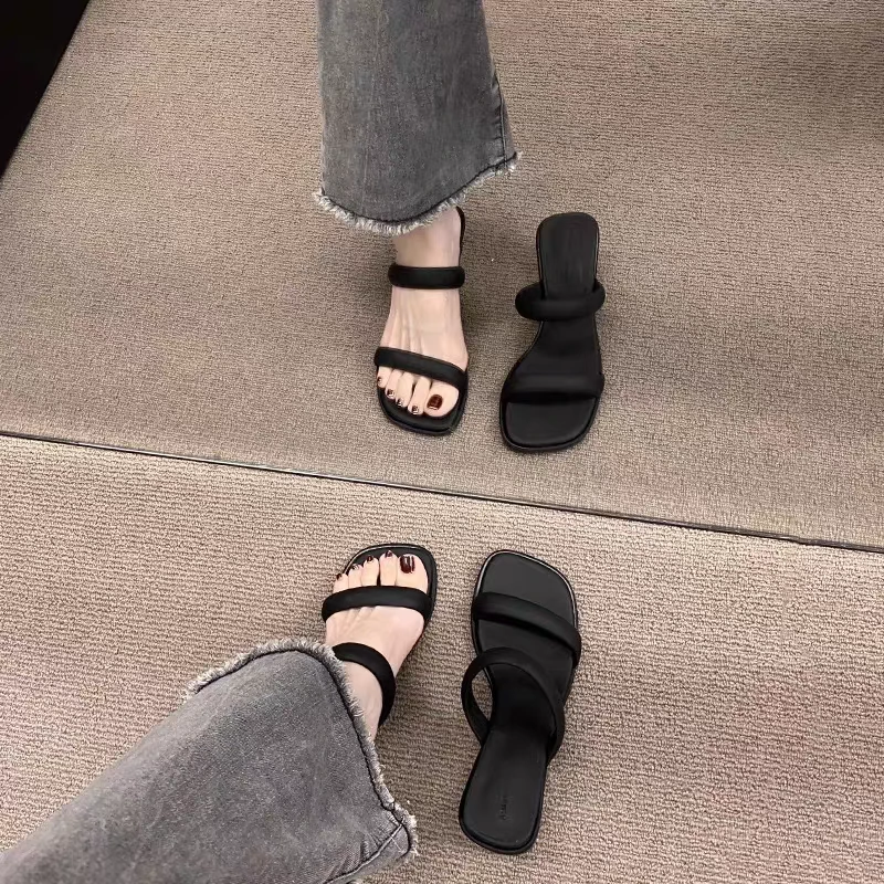 小众粗跟高跟鞋一字带百搭凉拖鞋女2024夏季新款外穿法式气质凉拖
