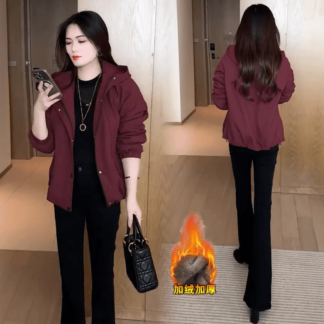 时尚加绒短款外套女2025秋冬新款韩版宽松显瘦夹克小个子百搭上衣