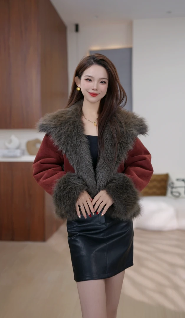 冬季常规美拉德风拼接女半开领短外套毛毛女士毛毛姗姗761