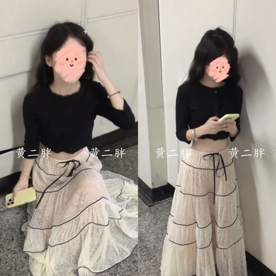 法式小众套装女黑色中袖圆领T恤短上衣+重工蕾丝大裙摆半身裙套装