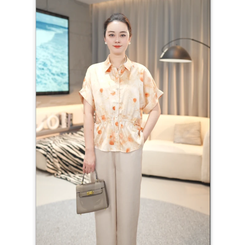 印象故事妈妈装夏装翻领收腰印花衬衫优雅气质夏季新款W