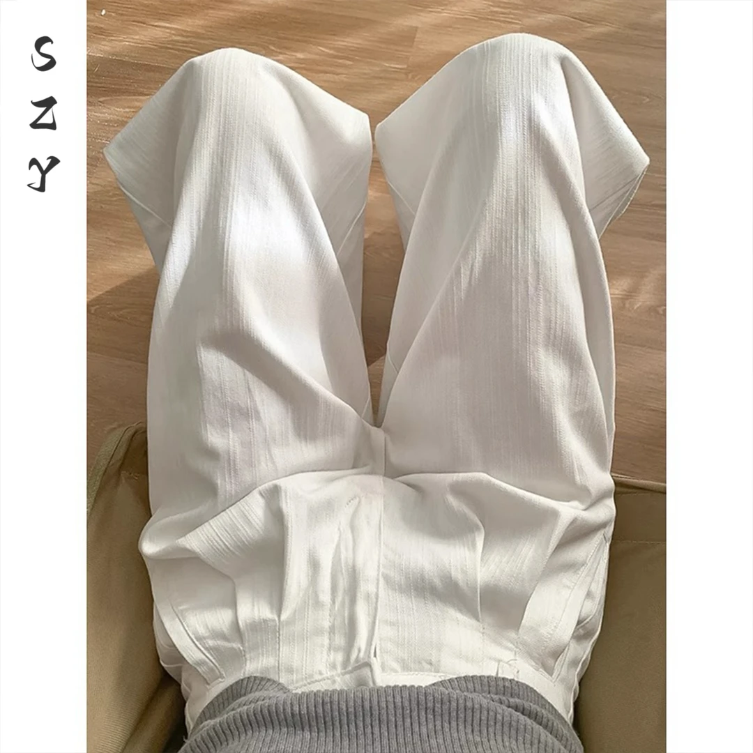 白色亚麻阔腿裤女夏季薄款高腰垂感老钱风宽松直筒棉麻西装休闲裤