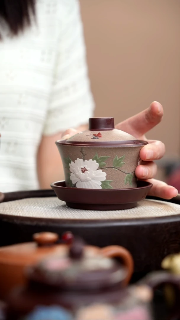 茶壶紫砂芝麻段粉浆白牡丹三才盖碗