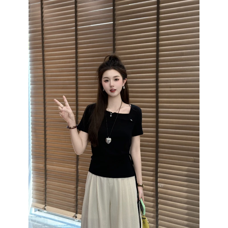 宿慕SUMU夏季薄款显瘦小众设计款短袖T恤新款时尚抽绳百搭上衣
