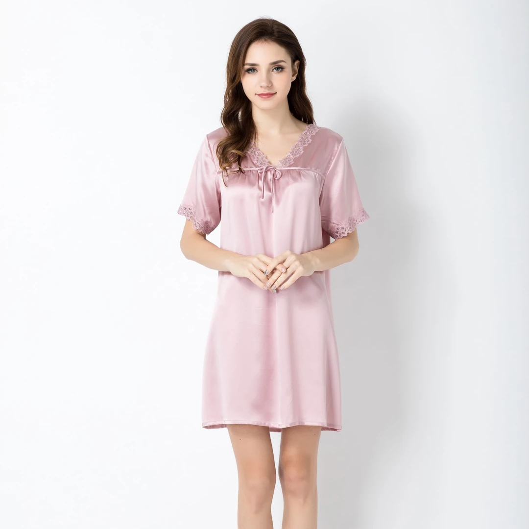 100%桑蚕丝性感睡衣女士蕾丝家居服真丝中袖睡裙夏季宽松大码连衣