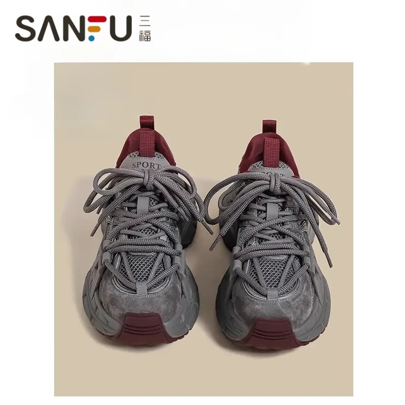 三福厚底老爹鞋女款2025春秋新款小个子增高灰色炸街重工运动鞋潮