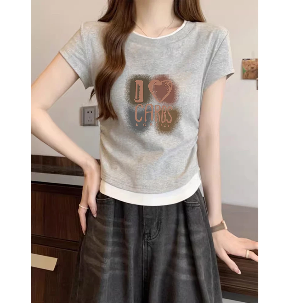 正肩圆领纯棉短袖T恤女2025新款假两件褶皱收腰短款修身上衣夏季