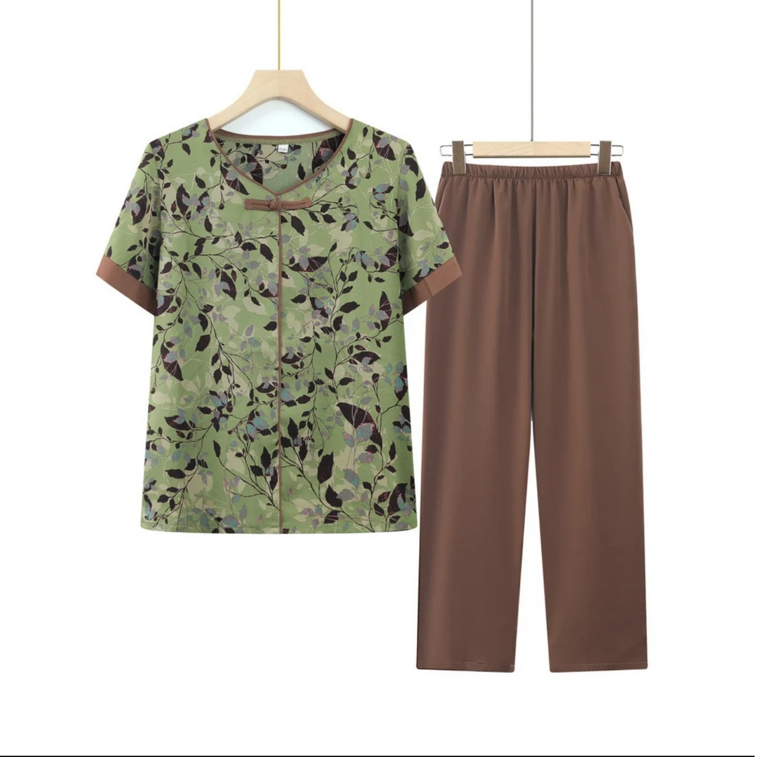 8551-A妈妈短袖气质妈妈装奶奶宽松衣服女装休闲套装六楼东楼梯