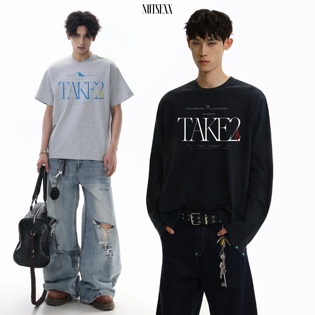 notsexx“2周年限定“直喷水洗正肩短宽boxy短袖t恤长袖男美式26ss