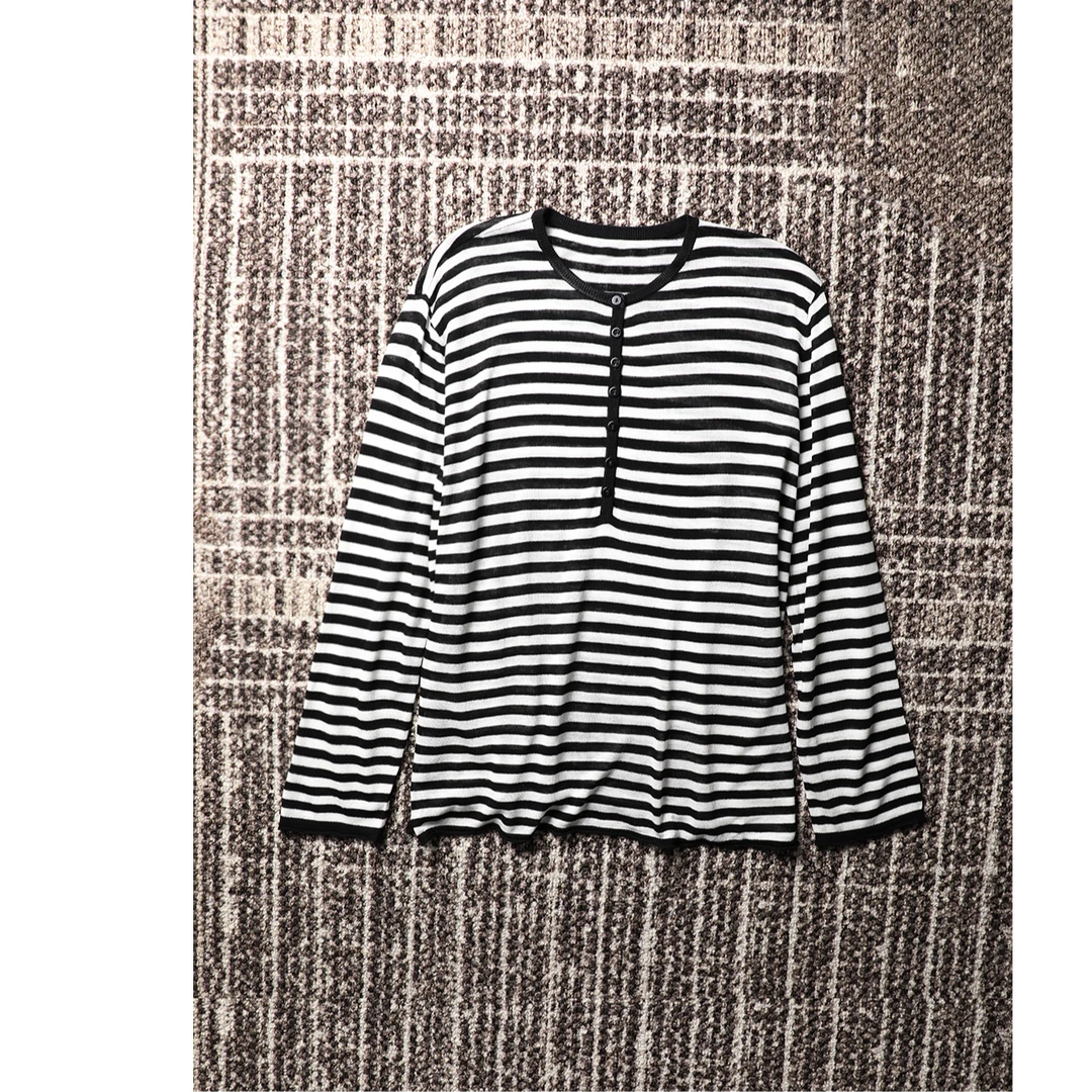 TANG TOWN 轻盈透气天丝亚麻 亨利领宽松条纹防晒长袖针织衫/T恤