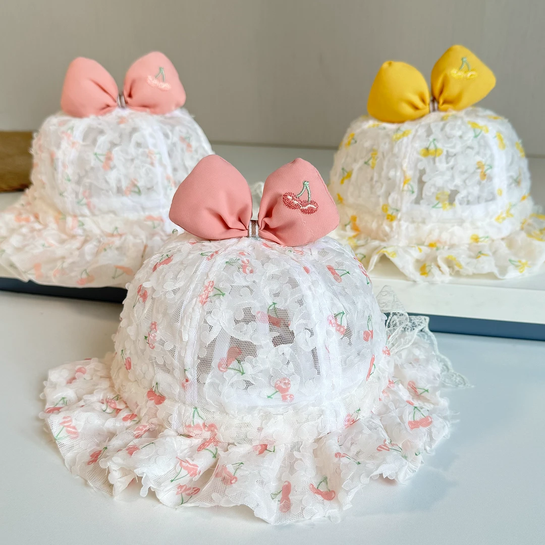 女宝宝帽子夏季轻薄花朵蝴蝶结薄纱公主春天渔夫帽小童女孩遮阳帽