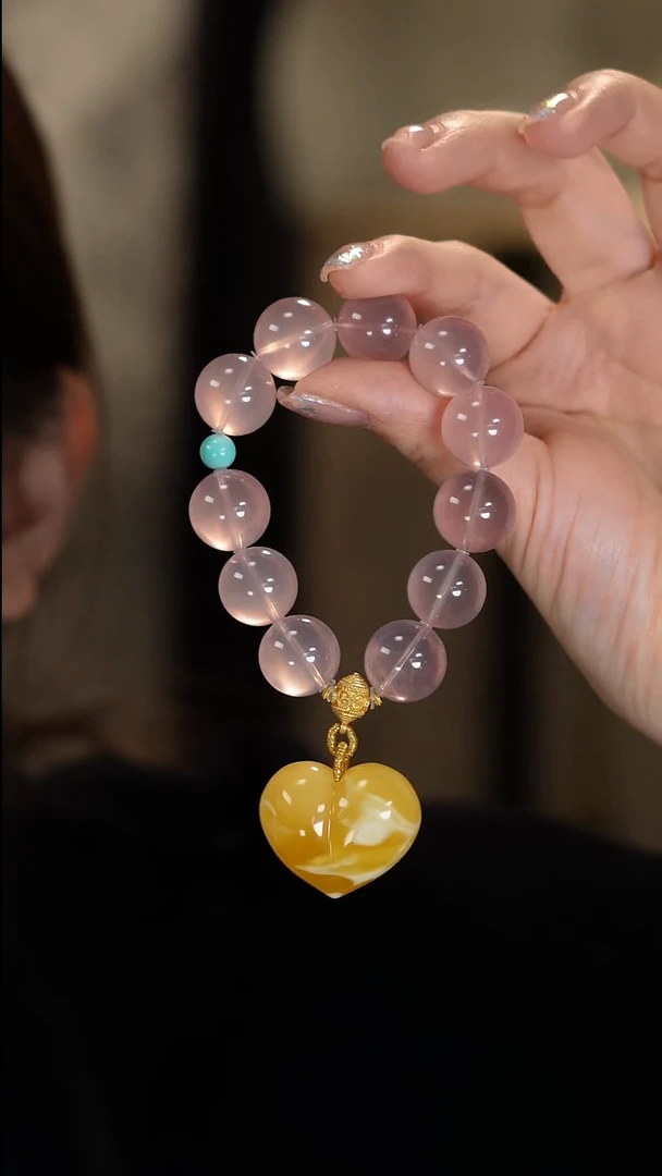 手串蜜蜡18K金镶嵌蜜蜡心形水晶手串