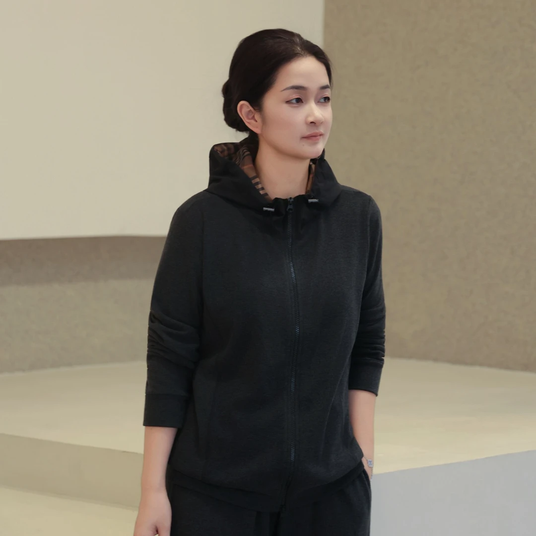 麻享【绒颜·帽衫】蚕丝羊绒棉撞色格秋冬保暖休闲连帽卫衣FSY50906