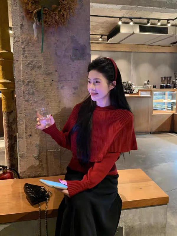 法式红色坑条斗篷假两件长袖针织衫女秋冬毛衣打底衫内搭加厚上衣