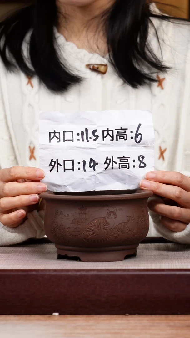 紫砂花盆紫泥刻绘猫咪迷你矮圆盆一只无托