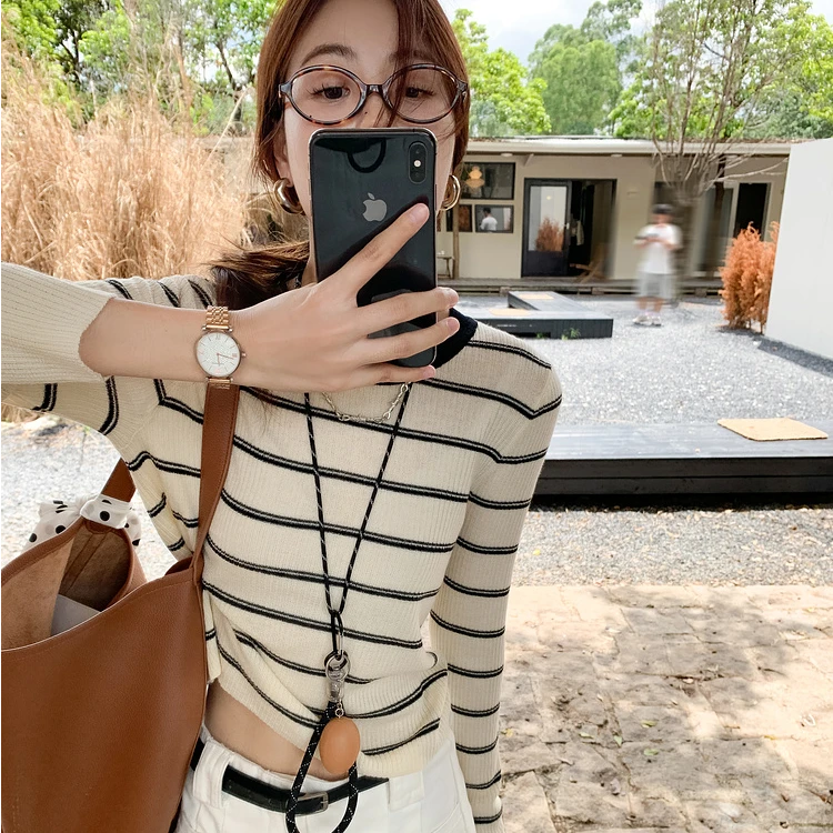 韩系长袖条纹上衣女早秋chic新款小个子修身设计感针织洋气打底衫