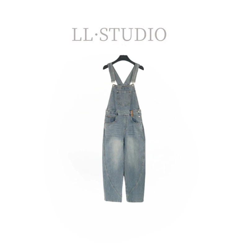 妙兮·LL春季新款时尚宽松减龄口袋阔腿背带牛仔裤*20250049