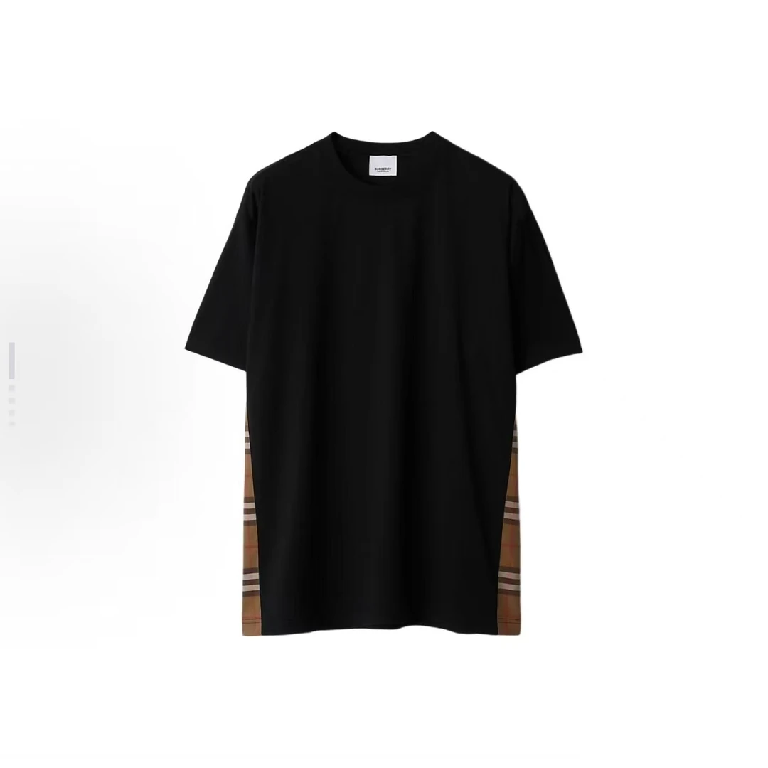Burberry博柏利  FW22 侧边格纹圆领短袖落肩袖T恤女款 黑色白色