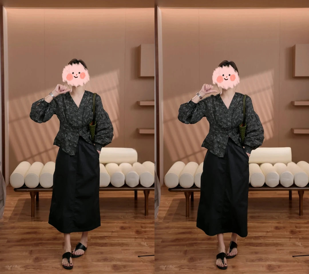 2025"温莎小姐"夏季褶皱V领小众碎花上衣衬衫百搭+半身裙两件套