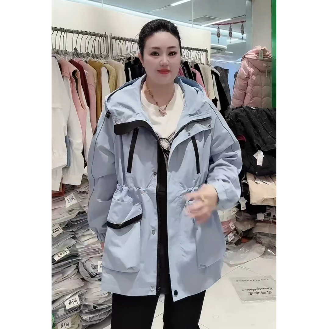芮娜依莲9031时尚抽绳收腰大口袋休闲连帽小个冲锋衣派克服外套女