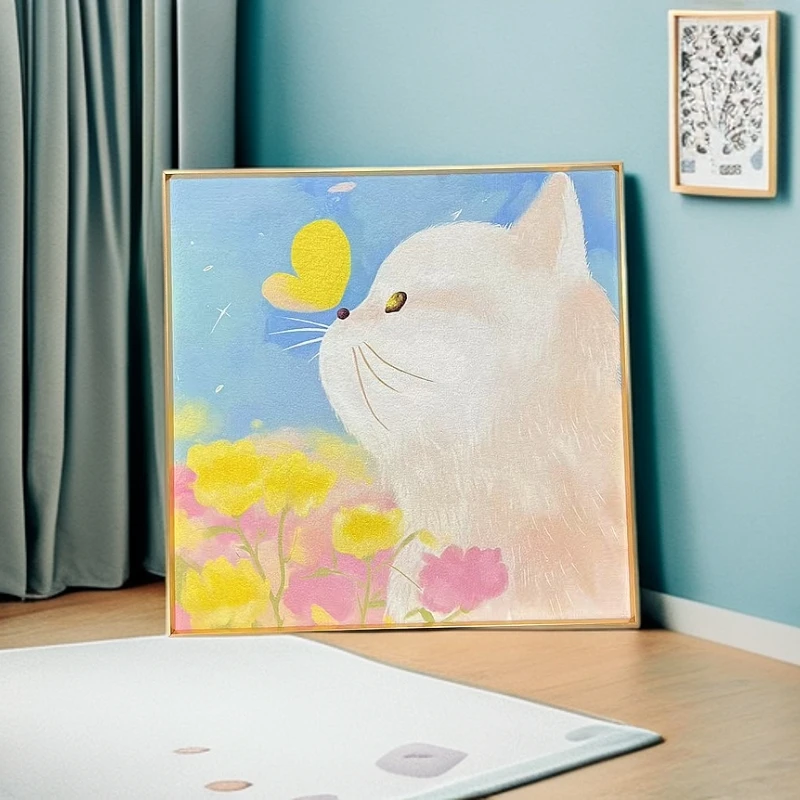 《猫猫》治愈风儿童房卧室砂岩现代韩系ins风金属边框装饰画5050