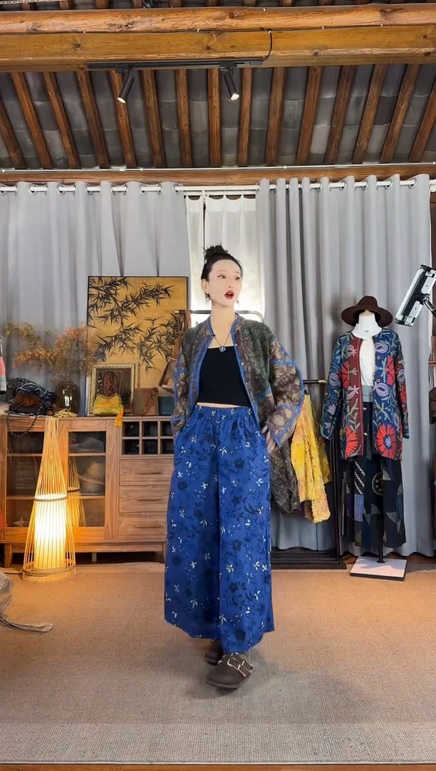 设计师款蓝花拓印阔腿裤